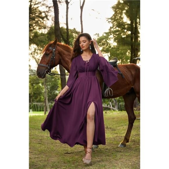 Women's Renaissance Dress Bell Sleeve Fairy Dress Split Maxi Dress with Pockets - Picture 5 of 7